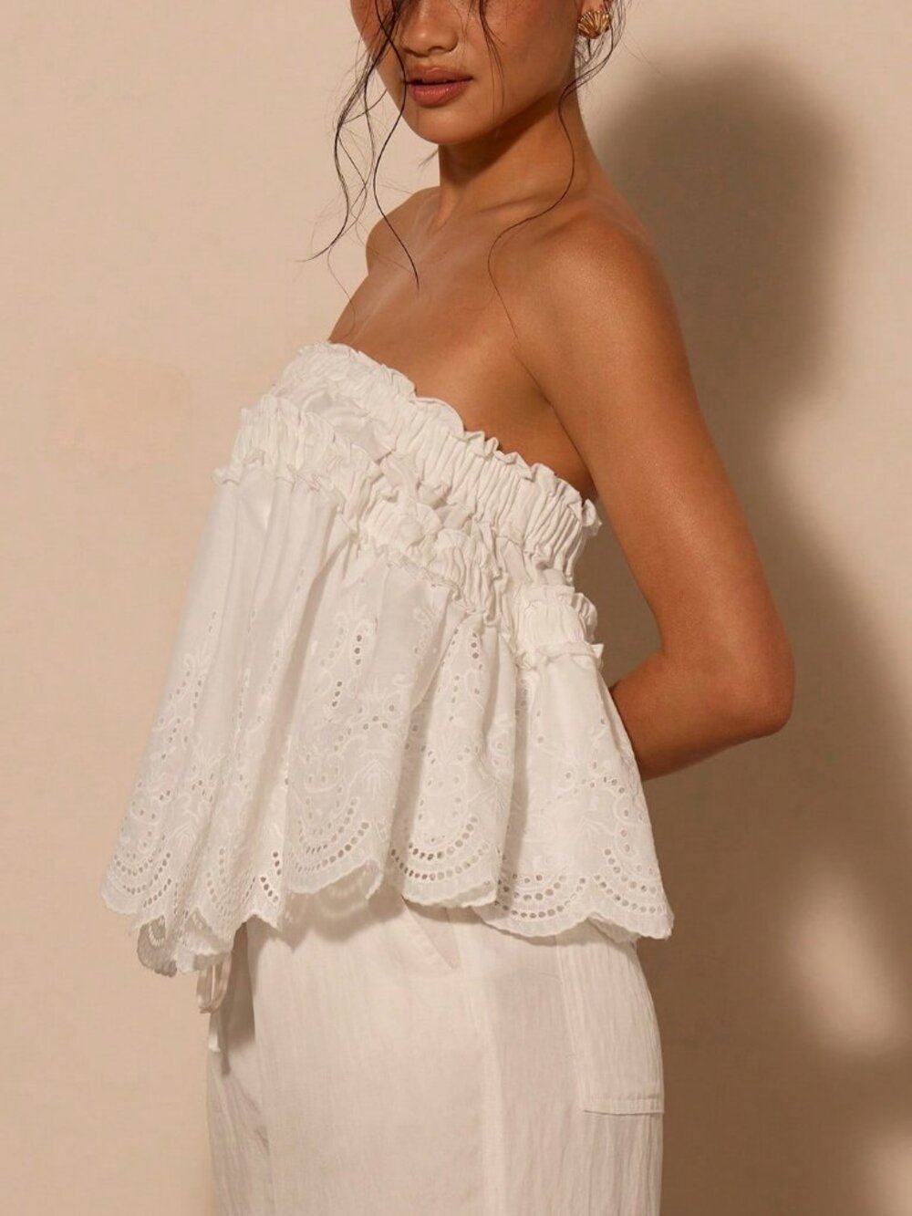 White Boho Women's Ruffle Embroidered Tube Top – - Picture 2 of 5